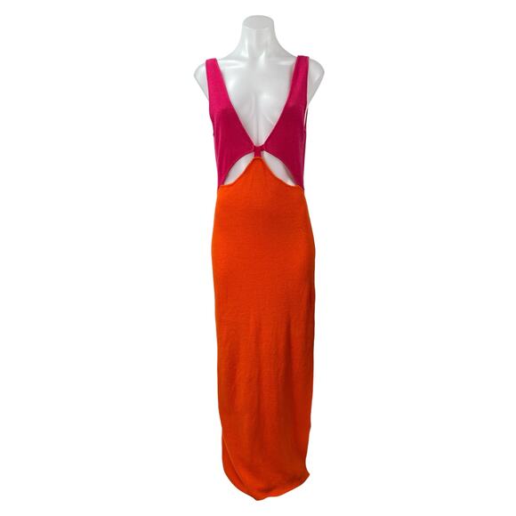 Aiblee Orange Pink Colorblock Cut Out Sleeveless V Neck Maxi bodycon Dress Sz M - Picture 1 of 4